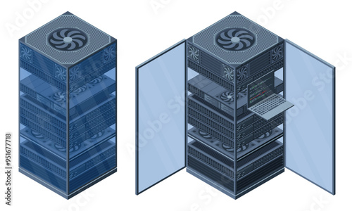 Isometric server. Server racks. Server boxes isolated. Network server room. Computer network technology. Vector illustration