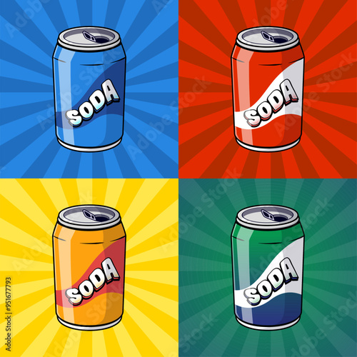 Four Colorful Soda Cans on a Pop Art Background