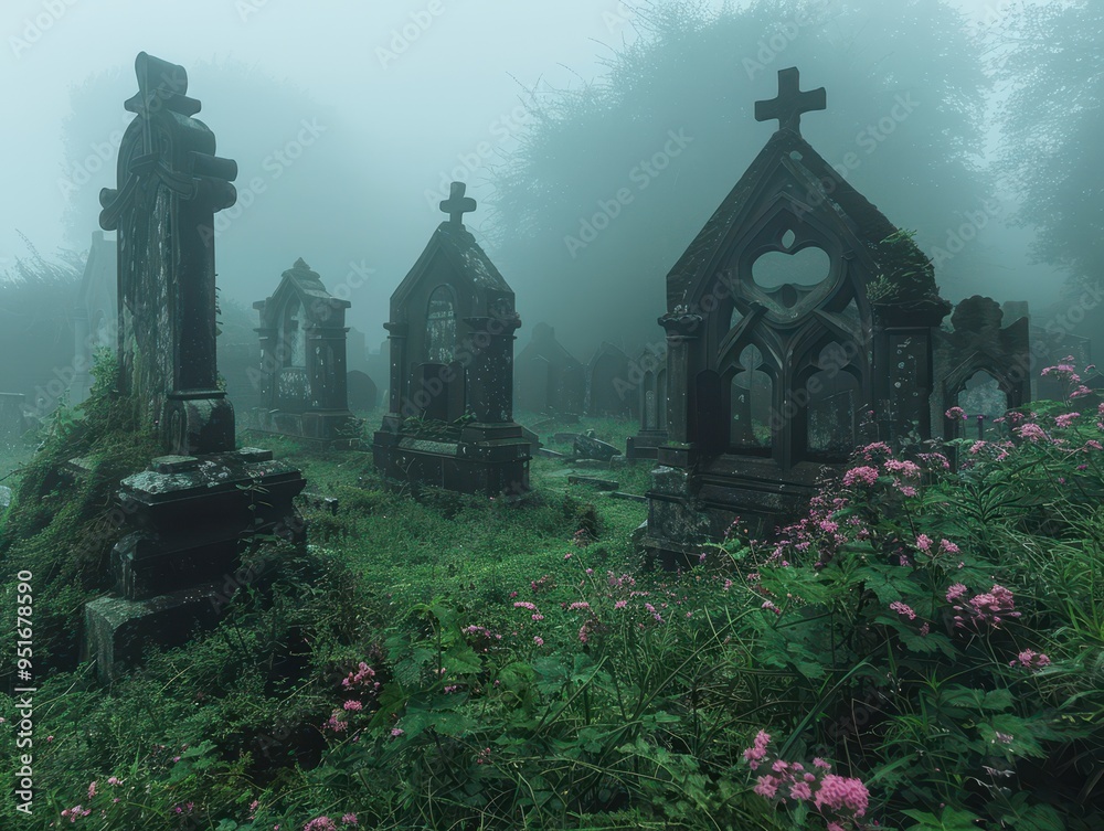 Mysterious graveyard shrouded in fog, featuring weathered tombstones surrounded by lush greenery and blooming flowers. Mysterious graveyard shrouded in fog, featuring weathered tombstones surrounded by lush greenery and blooming flowers.
