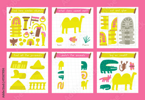 Learn ancient Egypt games set for kids. Cute hand drawn doodle funny desert puzzle with camel, sphinx, pyramids, pharaoh, cobra animal. Educational worksheet, mind task, riddle, strategy quiz