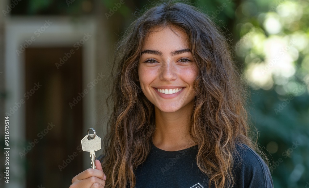 Portrait of a beautiful, smiling young woman holding a house key. The background is blurred, depicting a home setting on a summer day with good natural lighting.
Portrait of a beautiful, smiling young woman holding a house key. The background is blurred, depicting a home setting on a summer day with good natural lighting.
