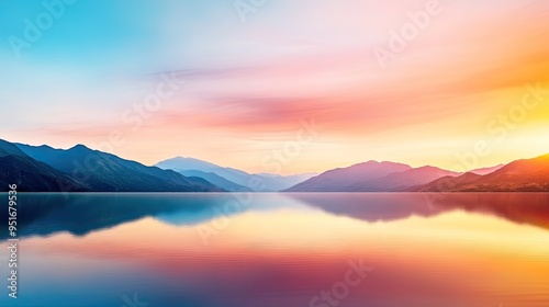 Stunning landscape at sunrise with vibrant colors reflecting on calm water, surrounded by majestic mountains.