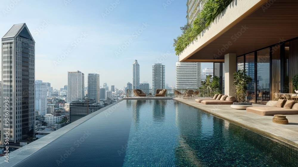 Fototapeta premium A modern rooftop pool with a city skyline view, emphasizing luxury and relaxation.