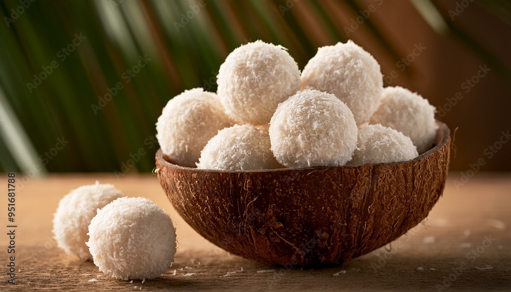 Coconut balls in the bowl on the table, delicious dessert Coconut balls in the bowl on the table, delicious dessert