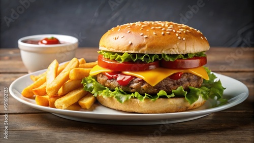 Juicy cheeseburger with fries and ketchup on a plate, cheeseburger, juicy, fries, ketchup, plate, meal
