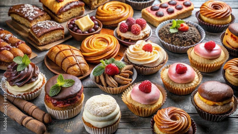Assortment of delicious cakes and pastries on a background, cakes, sweet, pastries, confectionery, desserts, bakery Assortment of delicious cakes and pastries on a background, cakes, sweet, pastries, confectionery, desserts, bakery