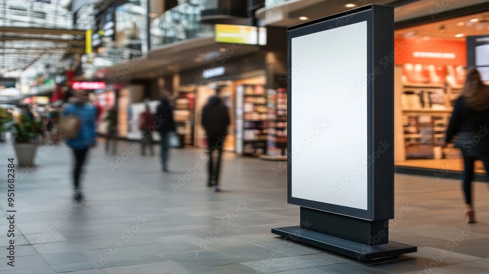 A blank digital signage display in a bustling shopping mall filled with shoppers exploring various stores during the day A blank digital signage display in a bustling shopping mall filled with shoppers exploring various stores during the day