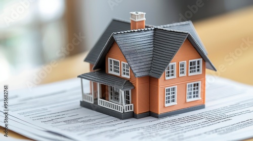 Model house on top of real estate contract documents representing home ownership