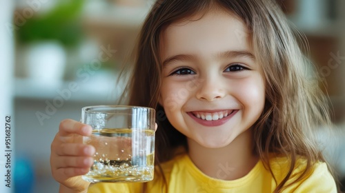 smiling child offering glass of pure mineral water promoting healthy habits