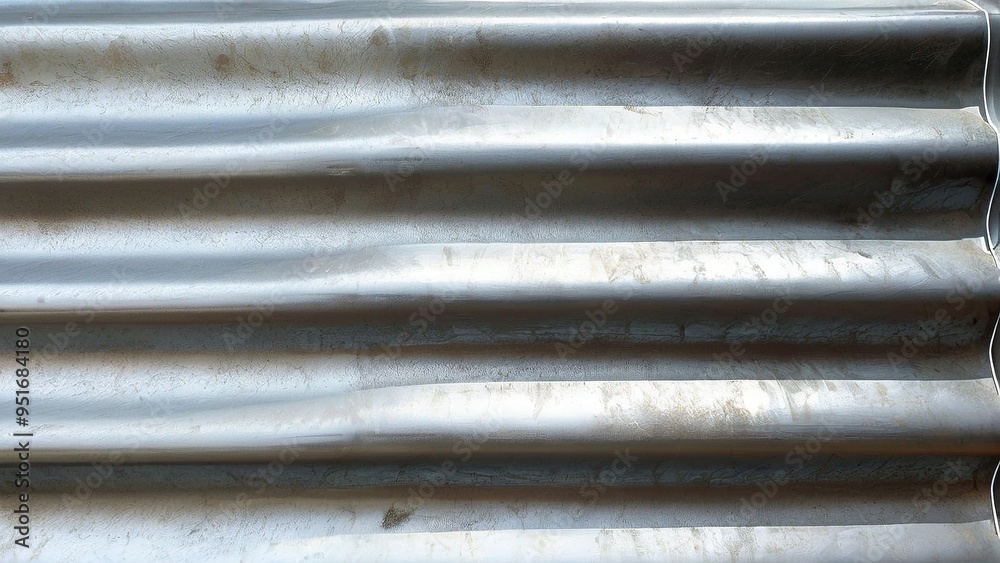 Close-up of a weathered corrugated metal sheet with visible texture, dirt, and light reflection. Close-up of a weathered corrugated metal sheet with visible texture, dirt, and light reflection.