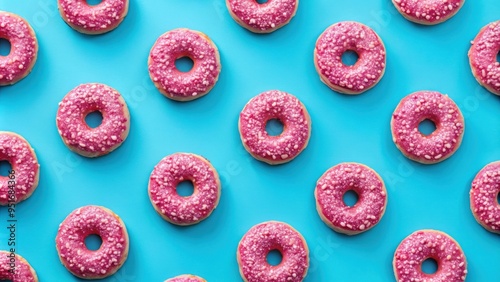 Background with delicious donuts in pink glaze on a blue backdrop , donuts, pink, glaze, blue, background, sweets