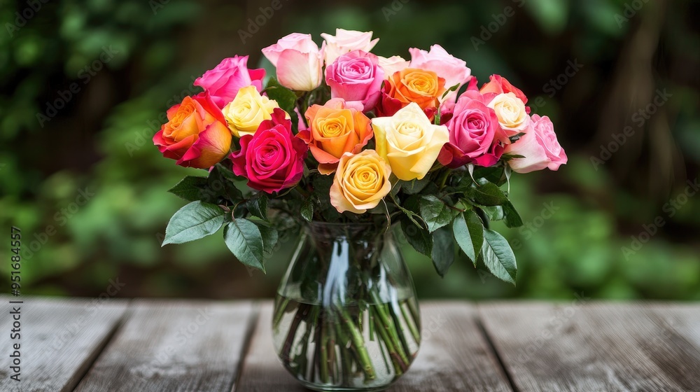 A bouquet of multicolored roses arranged in a glass vase, exuding a sense of romance and celebration. A bouquet of multicolored roses arranged in a glass vase, exuding a sense of romance and celebration.