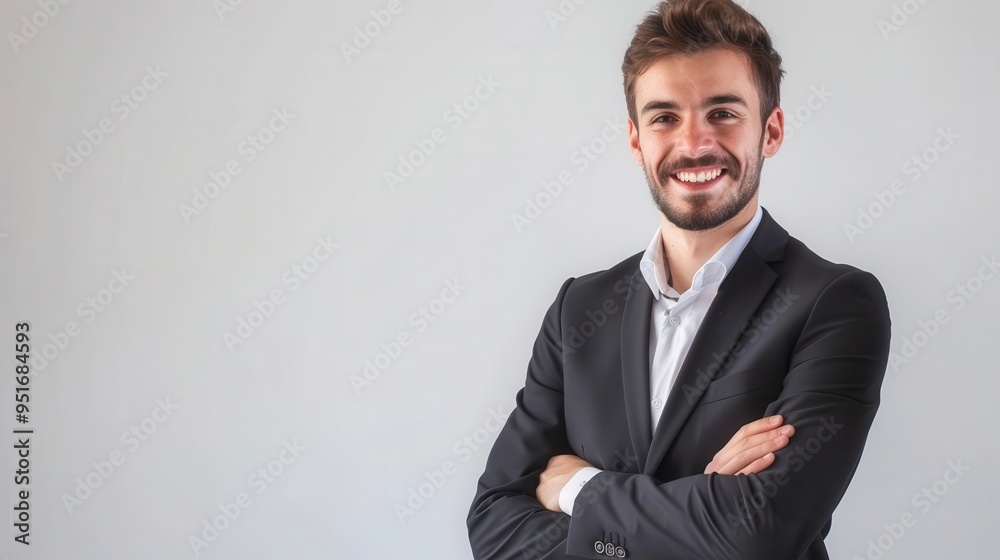 portrait of charismatic young businessman with confident smile and crossed arms dressed in stylish suit against clean white background exuding professional charm and approachability portrait of charismatic young businessman with confident smile and crossed arms dressed in stylish suit against clean white background exuding professional charm and approachability