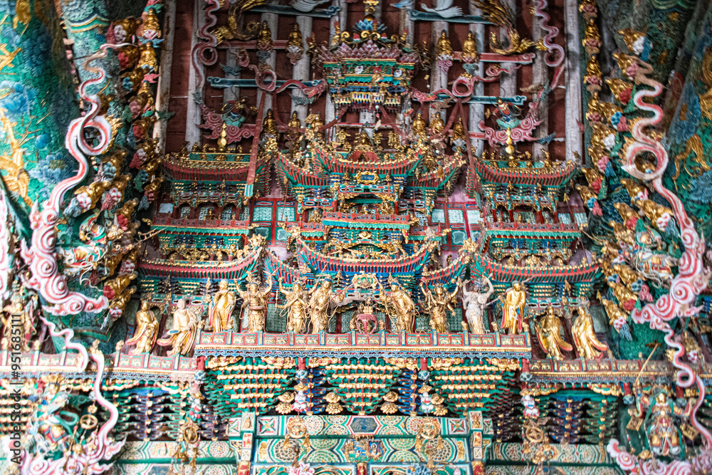 Fototapeta premium Gilded sculptures & painted statues art of the Ming and Qing Dynasties in Minor Western Heaven Mahavira Temple, Linfen, Shanxi Province, China - a famous ancient building in the game Black Myth Wukong