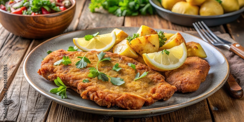 Homemade breaded German wiener schnitzel with potatoes, German, homemade, breaded, schnitzel, wiener, veal, potatoes, meal Homemade breaded German wiener schnitzel with potatoes, German, homemade, breaded, schnitzel, wiener, veal, potatoes, meal