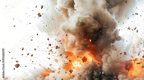 powerful explosion with smoke and debris on white background action movie concept