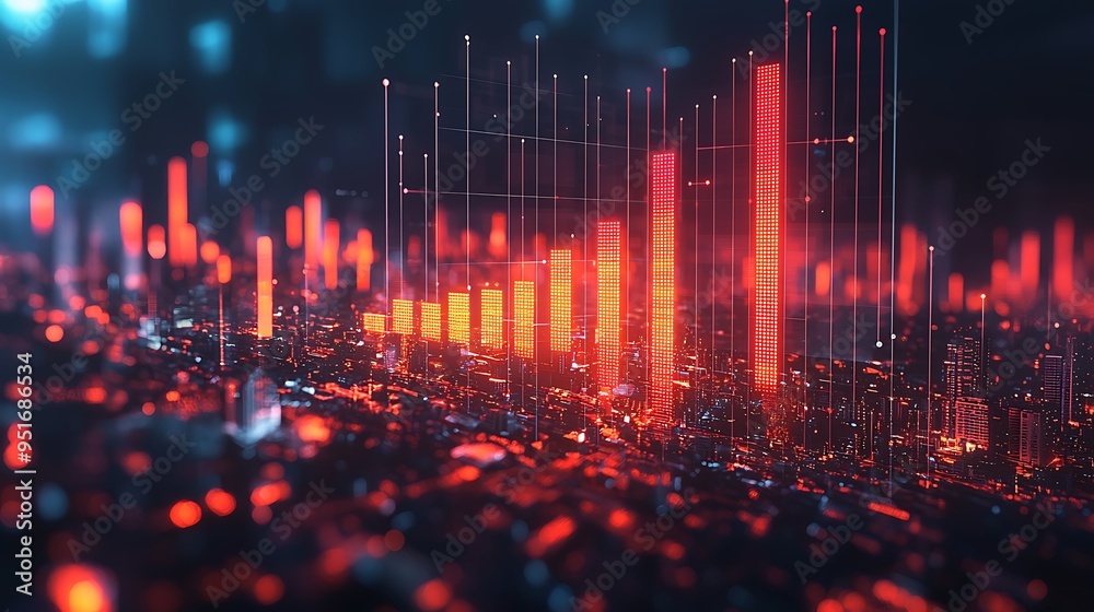 Obraz premium Red LED bars rise over a cityscape, resembling a financial graph that highlights the dynamic energy of urban and economic growth.