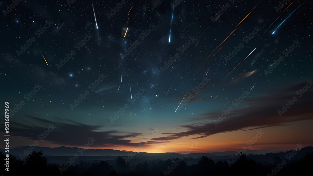 Fototapeta premium Abstract background illustrating multiple meteors falling towards a horizon