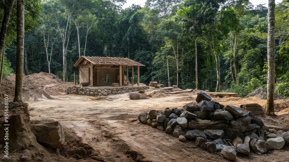 A rustic structure in a forested area, surrounded by earth and stones, indicating construction. A rustic structure in a forested area, surrounded by earth and stones, indicating construction.