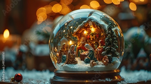 A beautiful Christmas snow globe featuring a nativity scene, surrounded by soft lights and festive decorations, evoking holiday warmth.