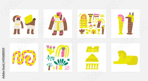 Cute ancient Egypt composition, postcards with funny hand drawn doodle column, flag, date palm, pharaoh head, eagle, animal god, ring, ra eye, princess, sphinx, snake, pyramids.