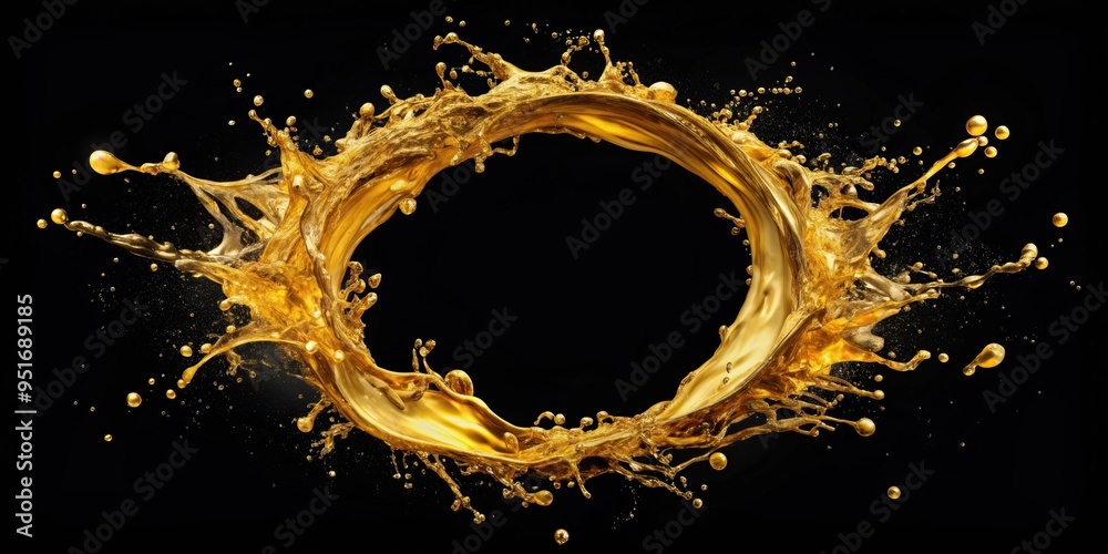 Obraz premium Beautiful oil splashes in circular pattern on black background, olive oil, engine oil, splashes, circle, isolated