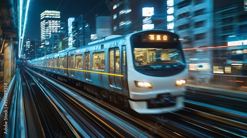 High-speed train moving through city at night