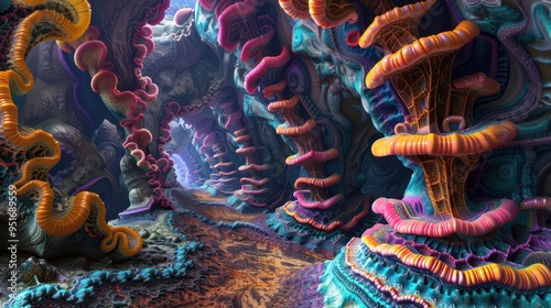 Fototapeta Naklejka Na Ścianę i Meble -  psychedelic mushroom realm trippy 3d tunnel with vibrant colors and surreal shapes digital art