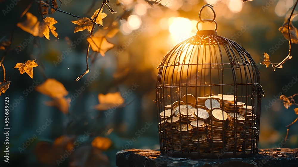 Golden coins trapped in a birdcage at sunset symbolize the constraints of wealth and the longing for financial freedom.