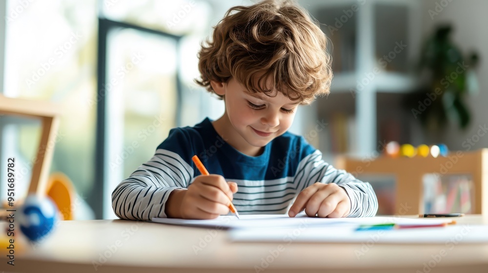A kid writing in a fun, colorful study area designed for children with engaging and creative decor. A kid writing in a fun, colorful study area designed for children with engaging and creative decor.