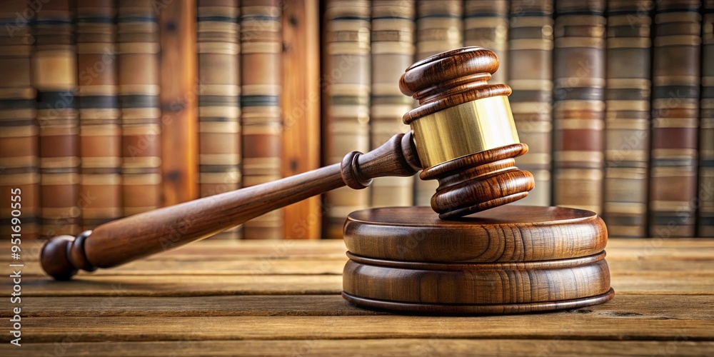 Wooden judge gavel resting on top of a stack of law books in a courtroom setting Wooden judge gavel resting on top of a stack of law books in a courtroom setting
