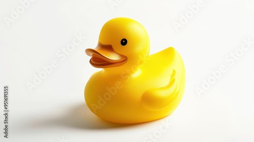 quirky yellow rubber duck portrait vibrant glossy rubber duck isolated on crisp white background highcontrast lighting emphasizes its iconic shape and playful expression