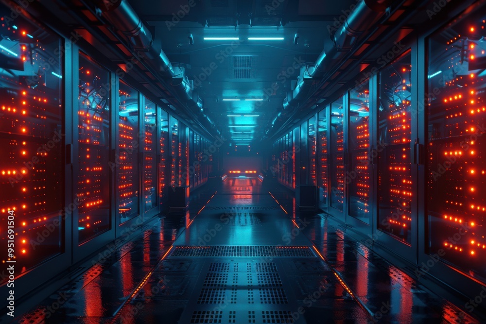 A long hallway with many computer servers and lights