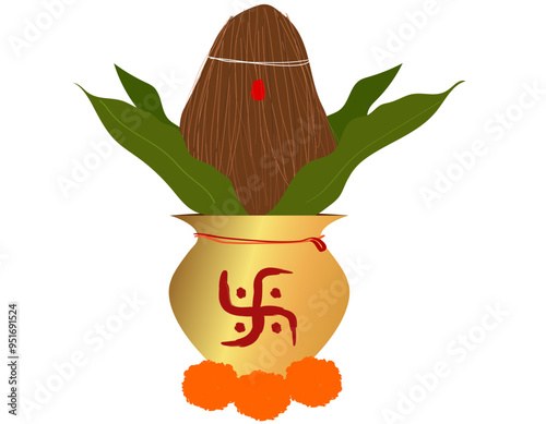 Puja samagri, aarti thali kalash, nariyal with marigold garland. Auspicious kalash in hindu culture and tradition vector. 