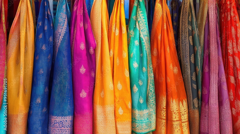 Rows of colorful dupattas hanging in a traditional Indian market ...