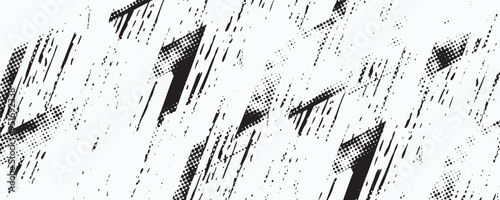 Grunge halftone gradient background. Faded grit noise texture. White and black sand wallpaper. Retro pixelated backdrop. Anime or manga style comic