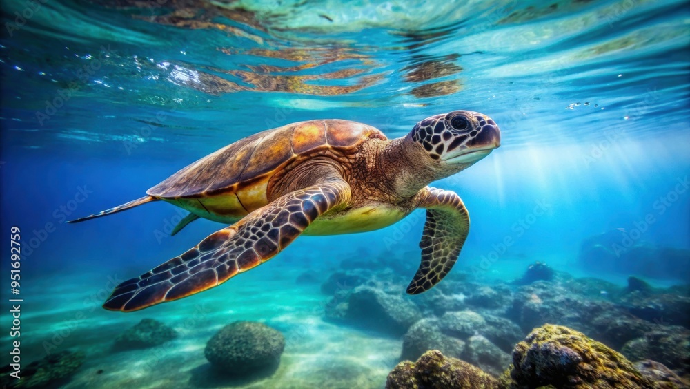 Obraz premium Graceful Honu swimming peacefully in the ocean, Honu, sea turtle, underwater, marine life, elegant, graceful, beauty, ocean
