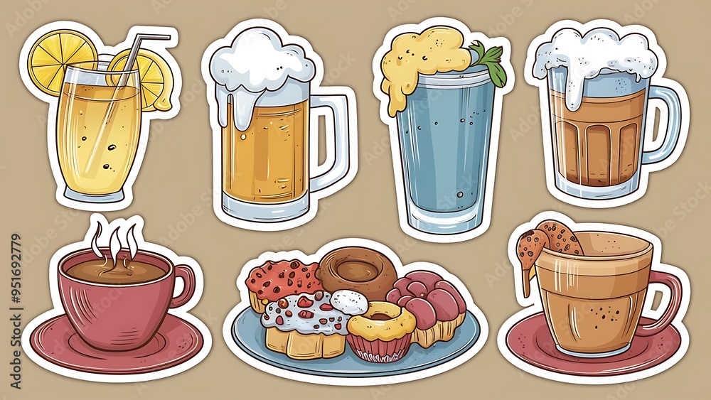 Obraz premium Set of stickers of drinks lemonade, beer, water, coffee and pastries. Vector.