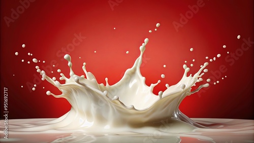 Milk splash on red background with bubbles in the air photo