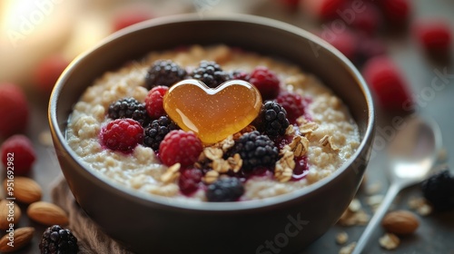 Heart-Shaped Honey on Oatmeal with Berries