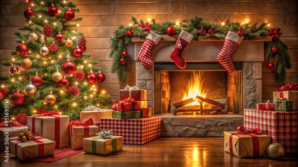 Cosy Christmas scene with presents and decorations in front of a flickering fireplace , Christmas, gifts, decorations, holiday Cosy Christmas scene with presents and decorations in front of a flickering fireplace , Christmas, gifts, decorations, holiday