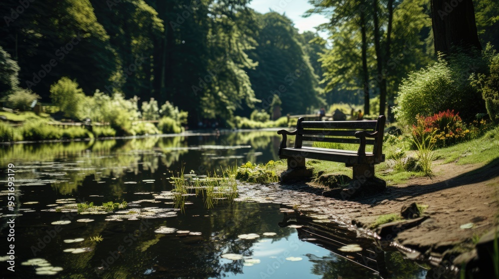 Beautiful green park near the lake with a bench Beautiful green park near the lake with a bench