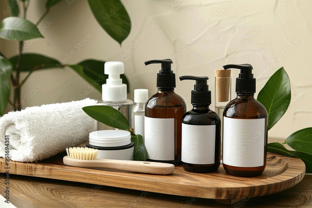 A wooden tray with a variety of personal care products, including a toothbrush A wooden tray with a variety of personal care products, including a toothbrush