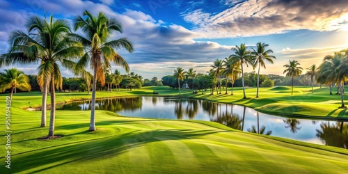 South Florida golf course with lush green fairways and palm trees , tropical, sunny, resort, vacation, golfing