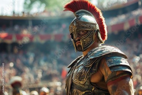 Proud roman gladiator wearing traditional helmet and armor standing in arena