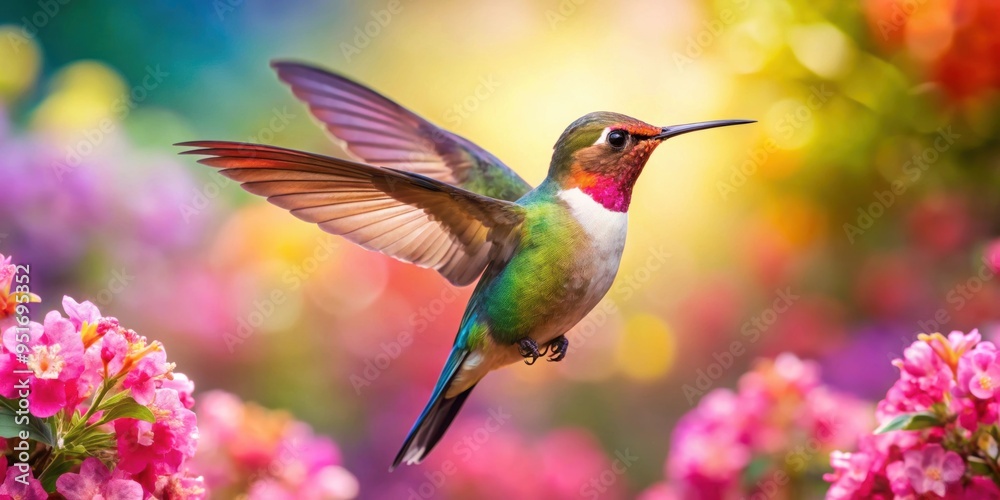 Fototapeta premium Colorful hummingbird flying near blooming flowers, hummingbird, small, colorful, plumage, flying, blooming flowers, vibrant