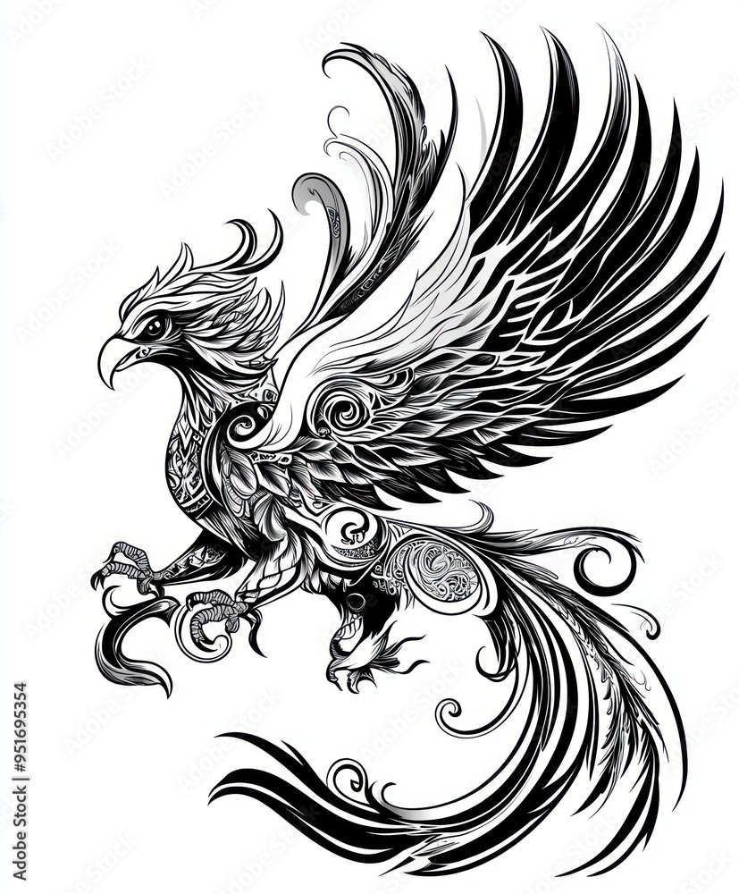 Obraz premium A stylized black and white illustration of a phoenix with intricate designs and feathers.