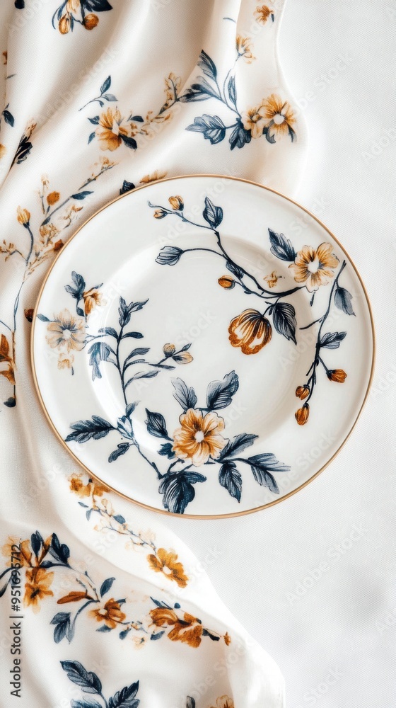 A ceramic plate adorned with detailed chinoiserie patterns, set against a silk placemat.
