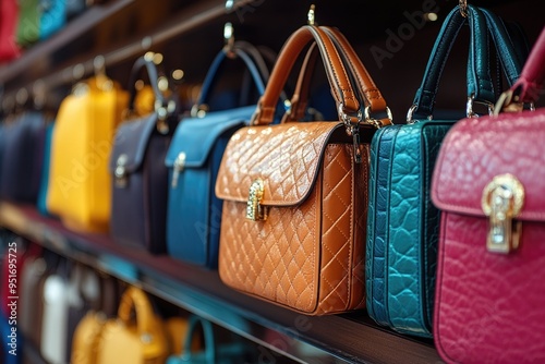 Colorful leather bags hanging on shelf in boutique displaying newest fashion trends