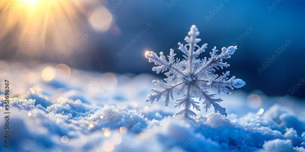 Close-Up of a Frosty Snowflake on Sparkling Snow at Sunrise. Snowy Background Close-Up of a Frosty Snowflake on Sparkling Snow at Sunrise. Snowy Background